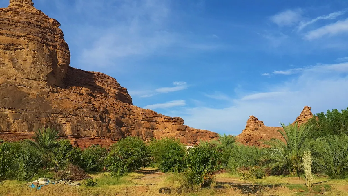 Rochers de grès et palmiers dans le désert saoudien