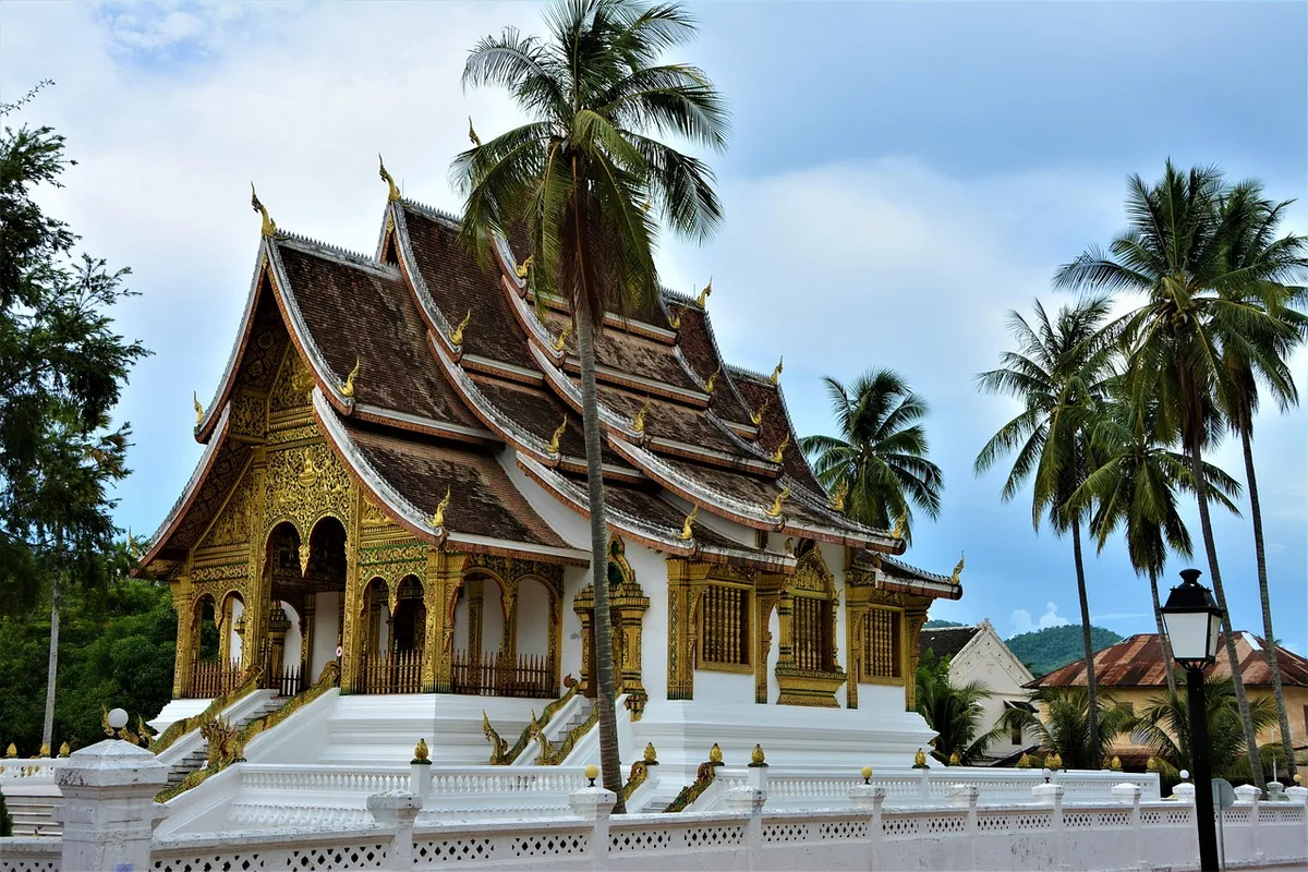 Temple aux toits dorés entre les palmiers à Luang Prabang