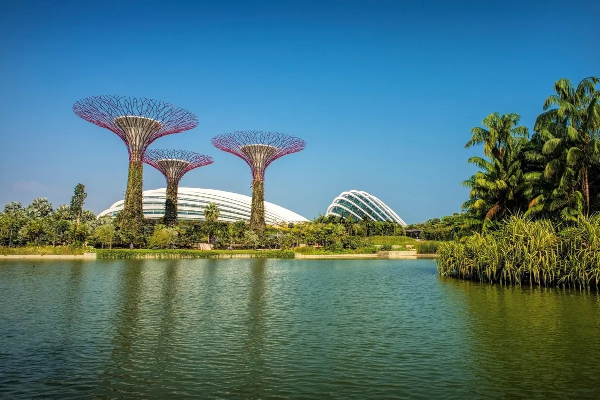 Superárboles y cúpula de cristal de Gardens by the Bay junto a un lago, en Singapur