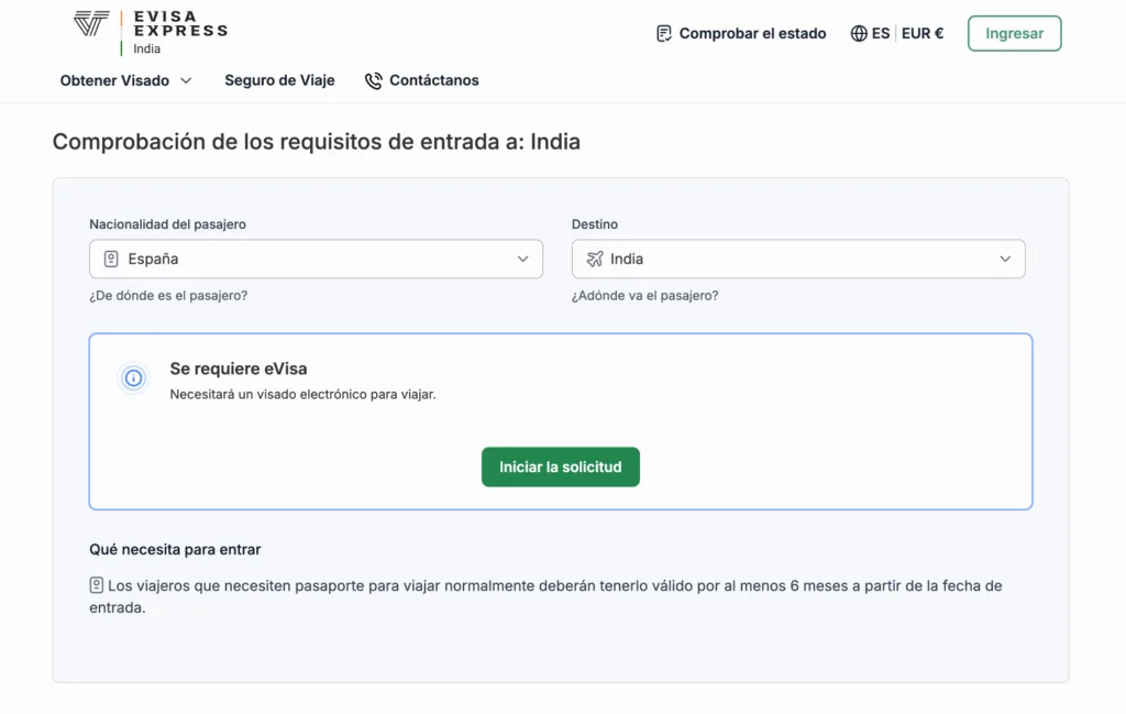Comprobador de requisitos de Evisa Express: pasaporte español, destino India, se requiere eVisa