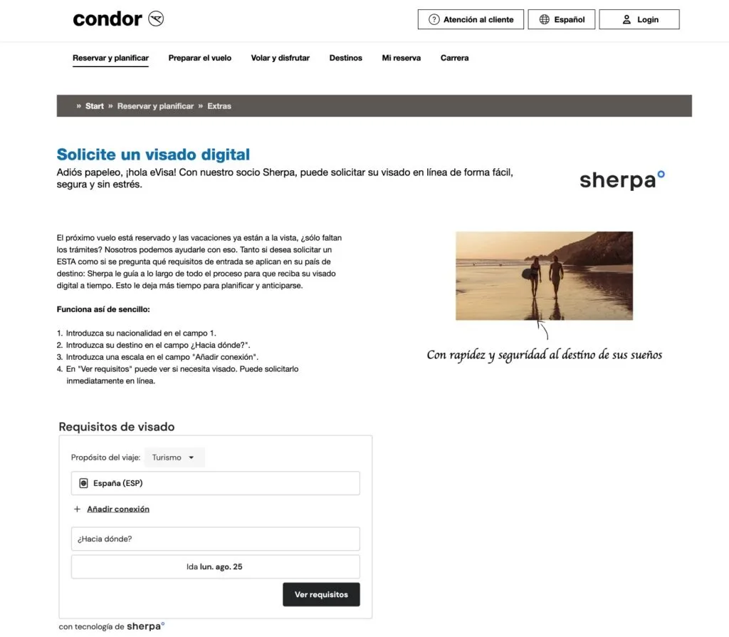 Página de la aerolínea Condor para solicitar un visado digital con su socio Sherpa