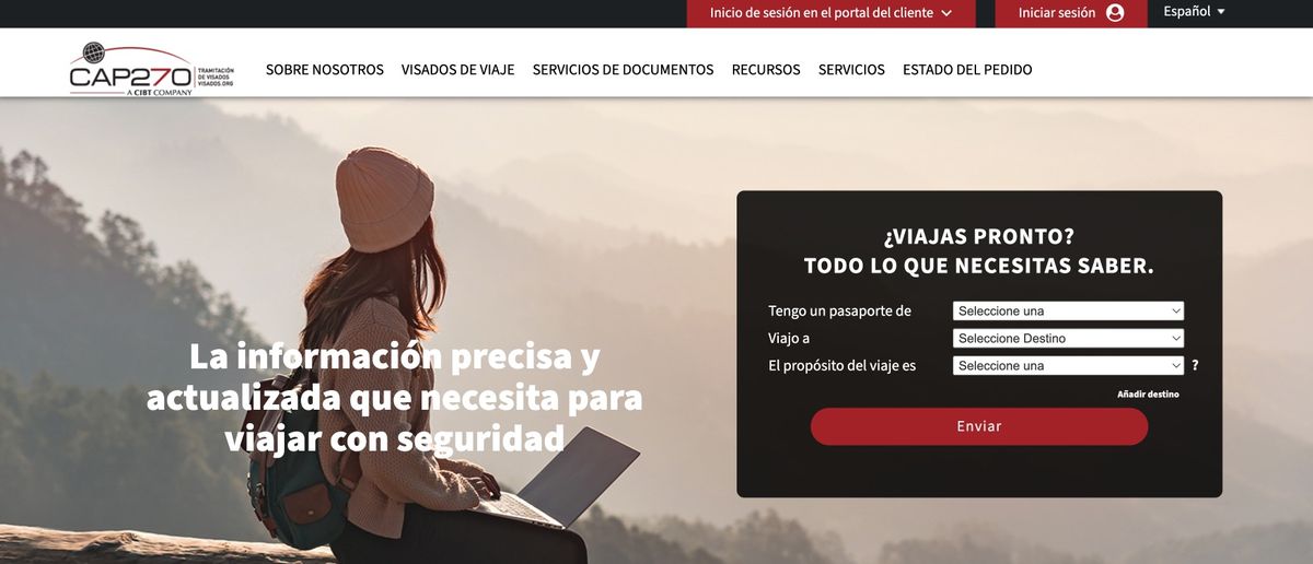 Portada de visados.org, la web de CAP270, con un buscador de requisitos por pasaporte, destino y motivo del viaje