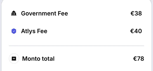 Recuadro de precio de Atlys para la ESTA: Government Fee 38 €, Atlys Fee 40 €, Monto total 78 €