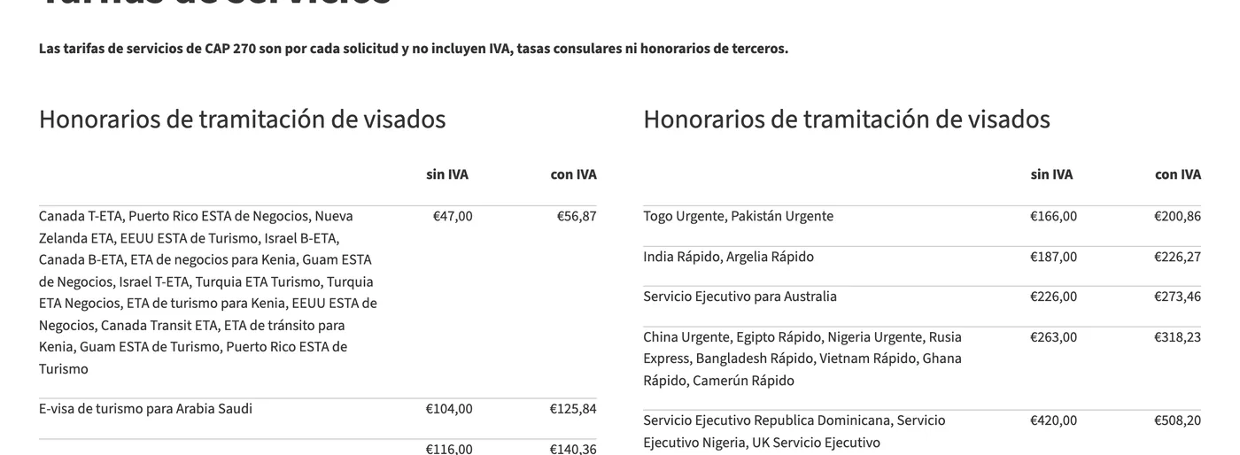 Tarifas de servicios de CAP270 con y sin IVA: 56,87 € por ESTA y eTA, 125,84 € por la e-Visa de Arabia Saudí, 318,23 € por China urgente
