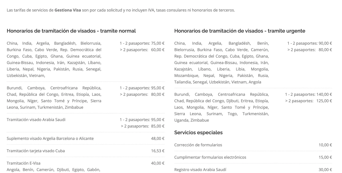 Tarifas de Gestiona Visa: 75 € por solicitud en trámite normal para China, India, Rusia y otros, 90 € en urgente, 40 € por una e-Visa; sin IVA ni tasas
