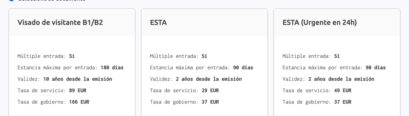 Tarjetas de Visagov para Estados Unidos: ESTA con tasa de servicio de 29 EUR y tasa de gobierno de 37 EUR; ESTA urgente en 24 horas con 49 EUR de servicio