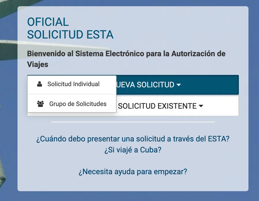 Menú de Crear nueva solicitud con las opciones Solicitud individual y Grupo de solicitudes
