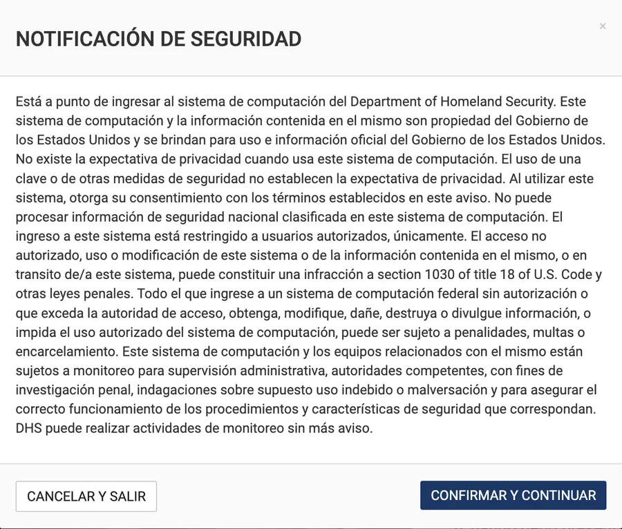 Notificación de seguridad del Department of Homeland Security con los botones Cancelar y salir y Confirmar y continuar