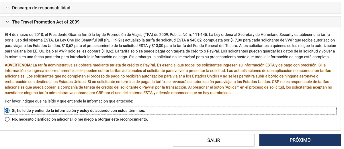 Texto de la Travel Promotion Act con el desglose de la tasa de 40,62 dólares y la casilla Sí, he leído y entiendo marcada