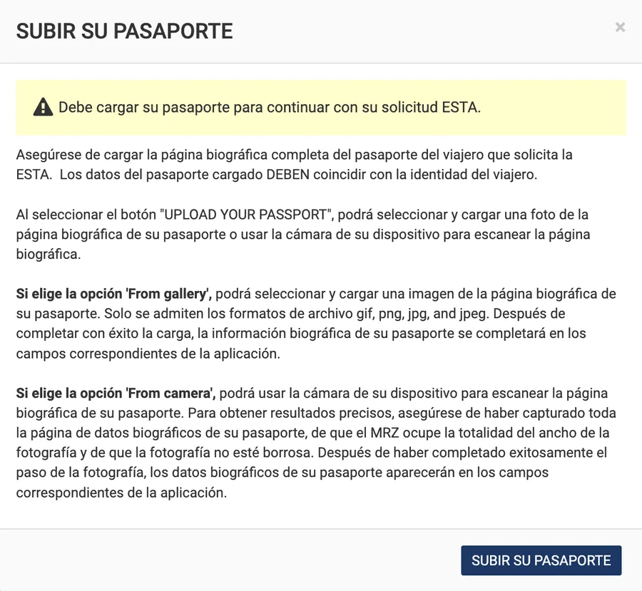 Aviso Subir su pasaporte: debe cargar su pasaporte para continuar con su solicitud ESTA