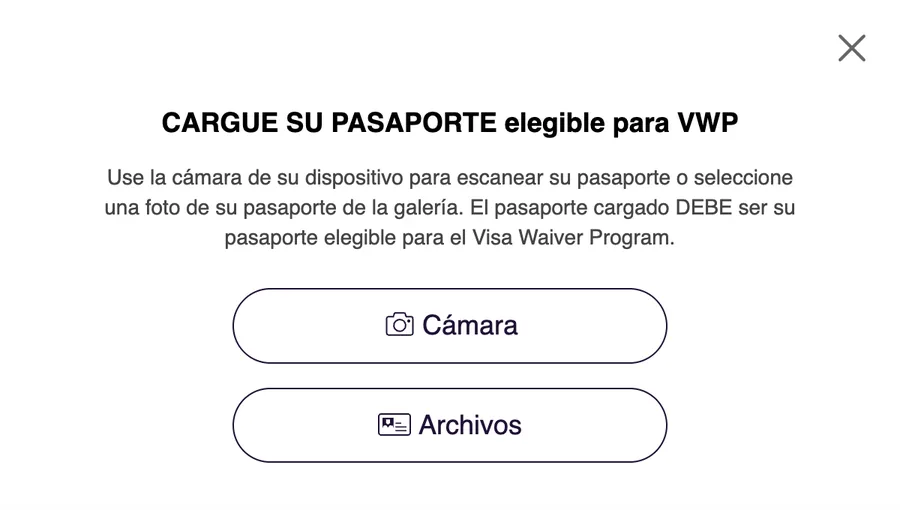 Ventana Cargue su pasaporte elegible para VWP con las opciones Cámara y Archivos
