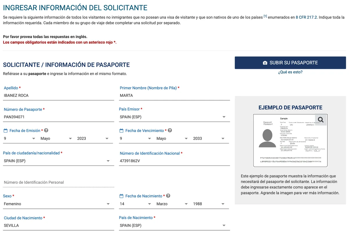 Datos del solicitante y del pasaporte rellenos: apellido, nombre, número de pasaporte, país emisor, fechas, nacionalidad, DNI, sexo, fecha y lugar de nacimiento