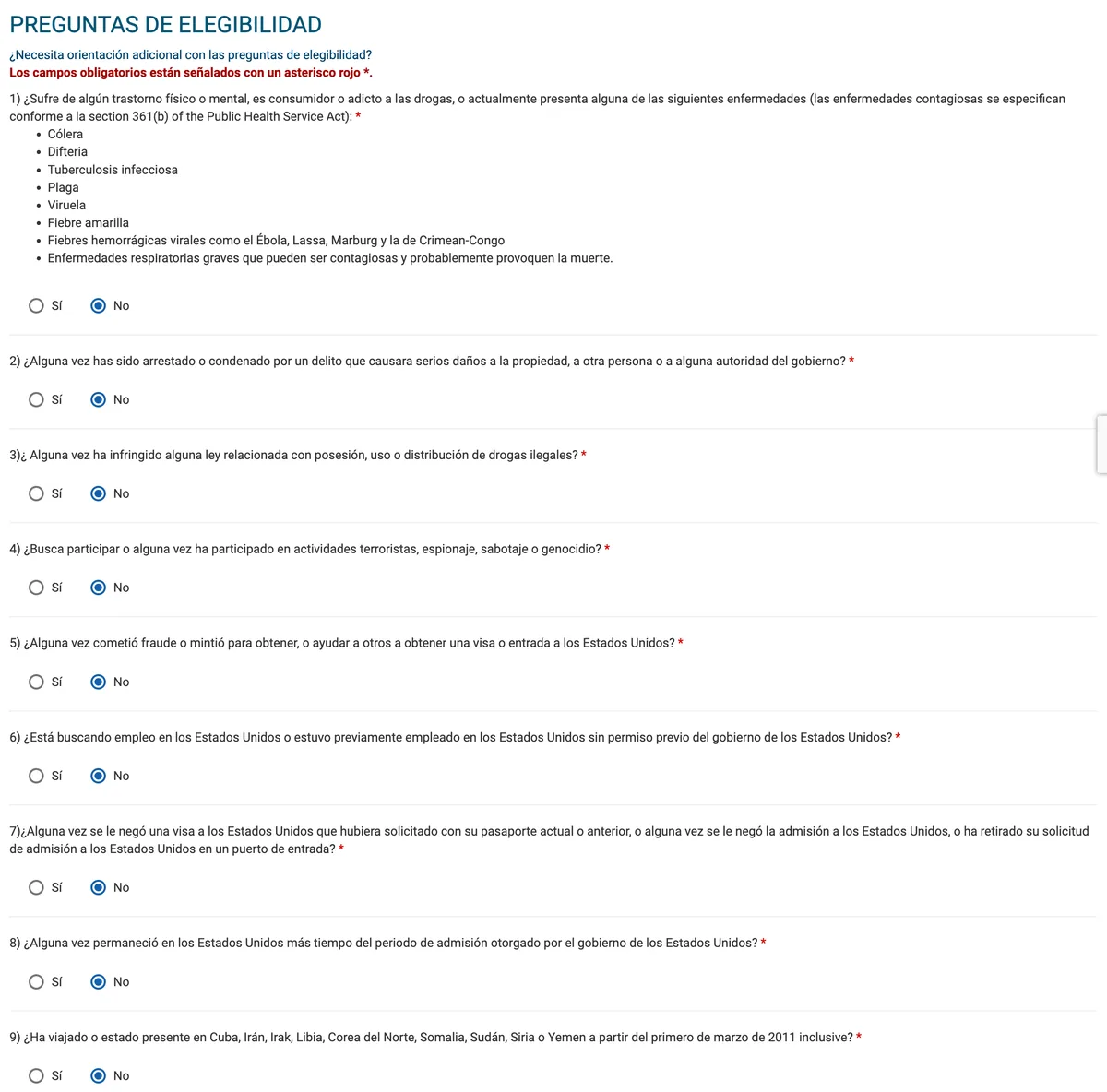 Las nueve preguntas de elegibilidad del ESTA, todas contestadas con No