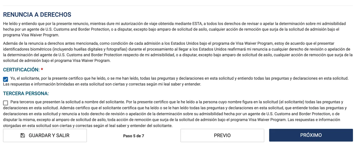 Renuncia a derechos, certificación del solicitante marcada y casilla de tercera persona