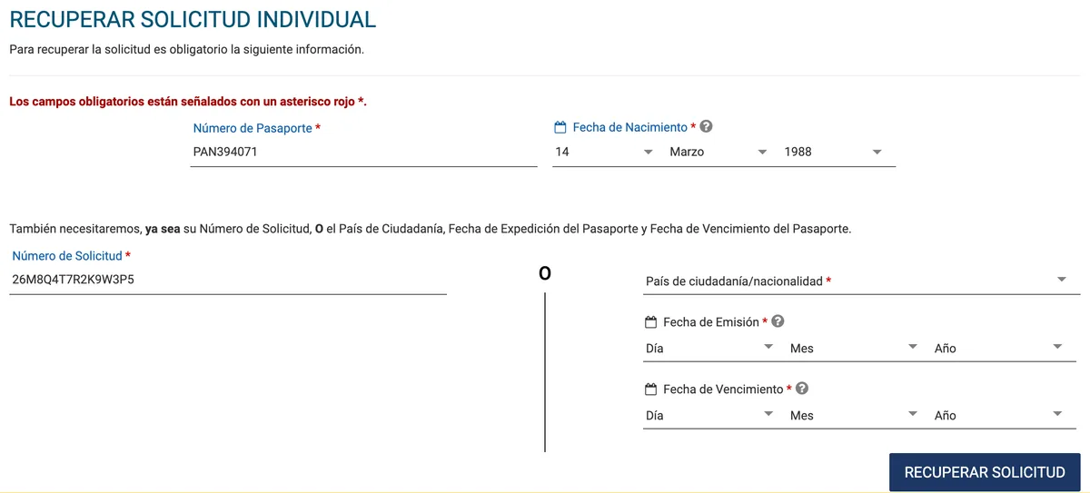 Pantalla Recuperar solicitud individual con el número de pasaporte, la fecha de nacimiento y el número de solicitud