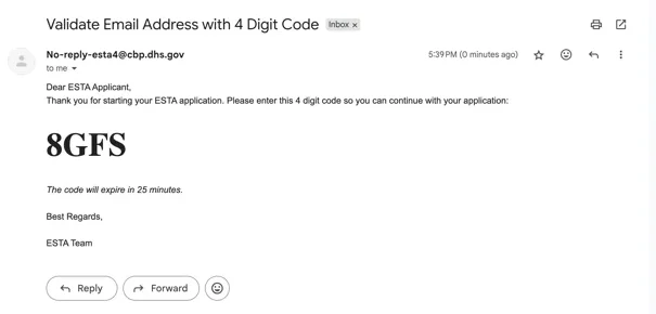 Correo Validate Email Address with 4 Digit Code de la web del ESTA con el código de verificación