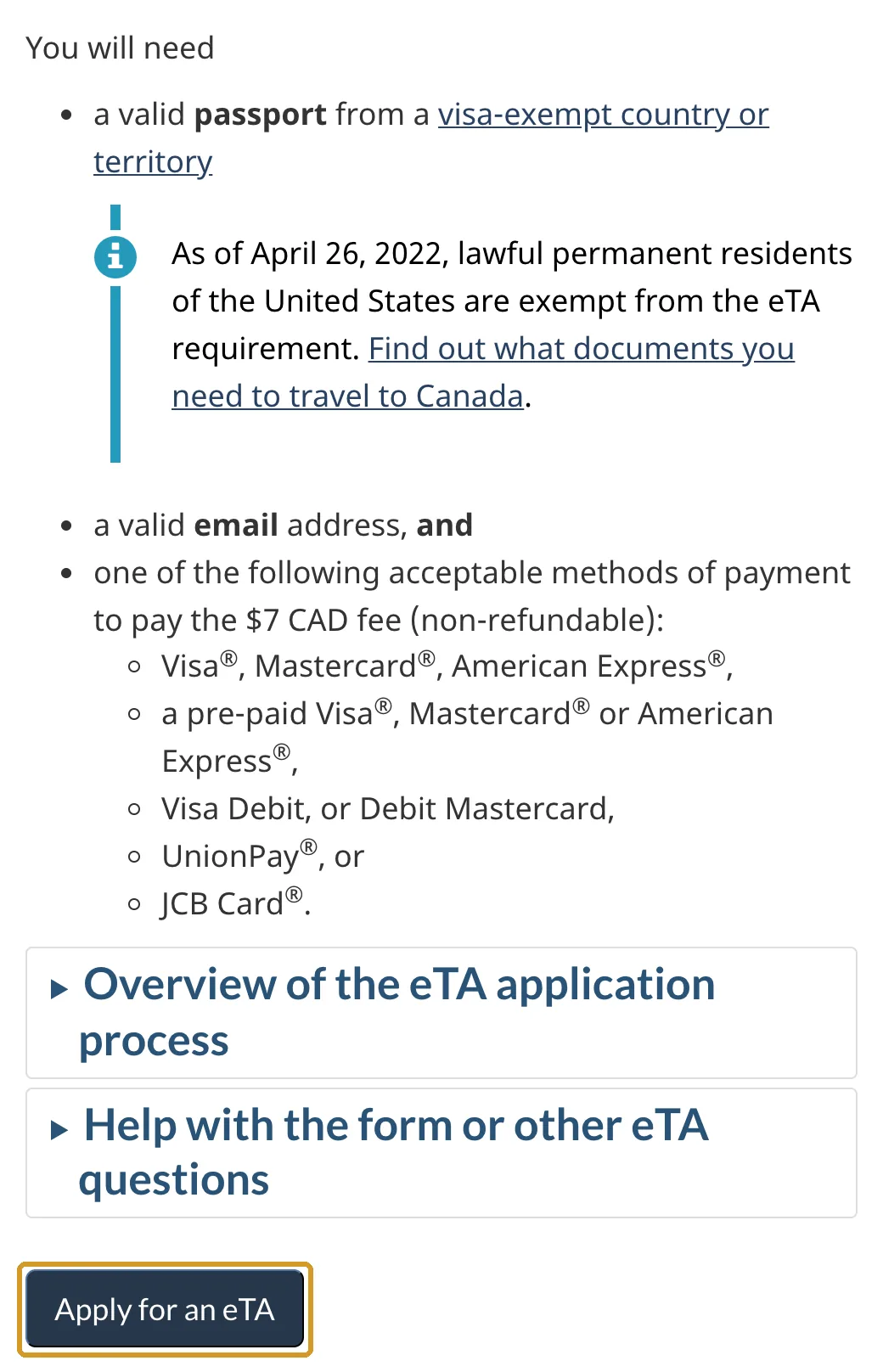 Página oficial de la eTA en canada.ca con la lista de lo que se necesita y el botón Apply for an eTA