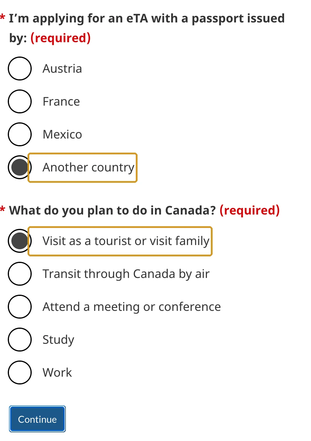 Instrucciones finales: Another country y Visit as a tourist or visit family marcados