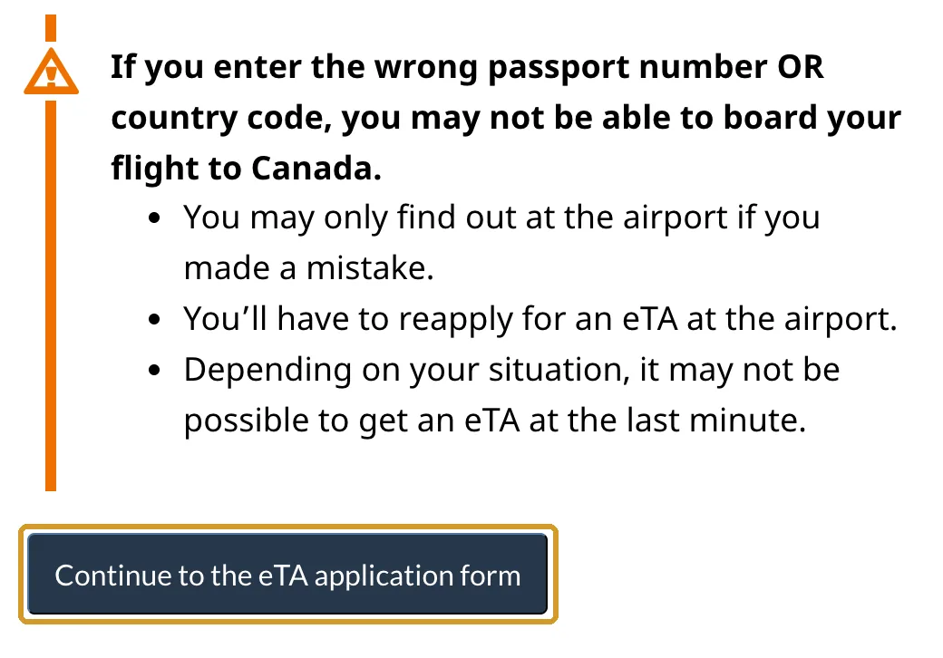 Aviso sobre el número de pasaporte y botón Continue to the eTA application form