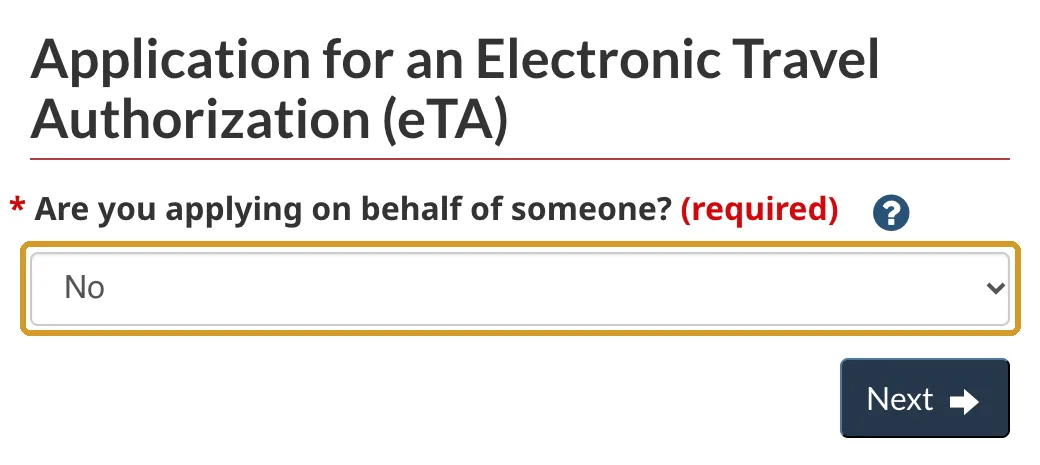 Pregunta Are you applying on behalf of someone? con la respuesta No
