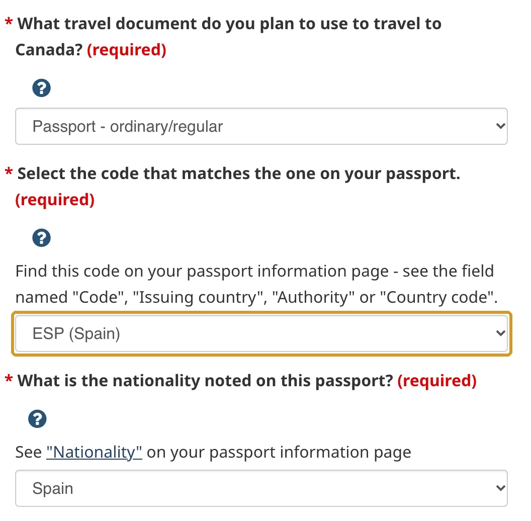 Tipo de documento Passport - ordinary/regular, código ESP (Spain) y nacionalidad Spain