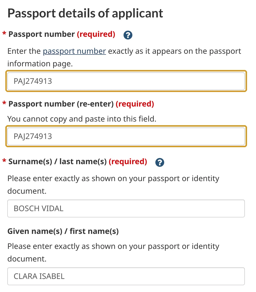 Número de pasaporte escrito dos veces, apellidos BOSCH VIDAL y nombres CLARA ISABEL