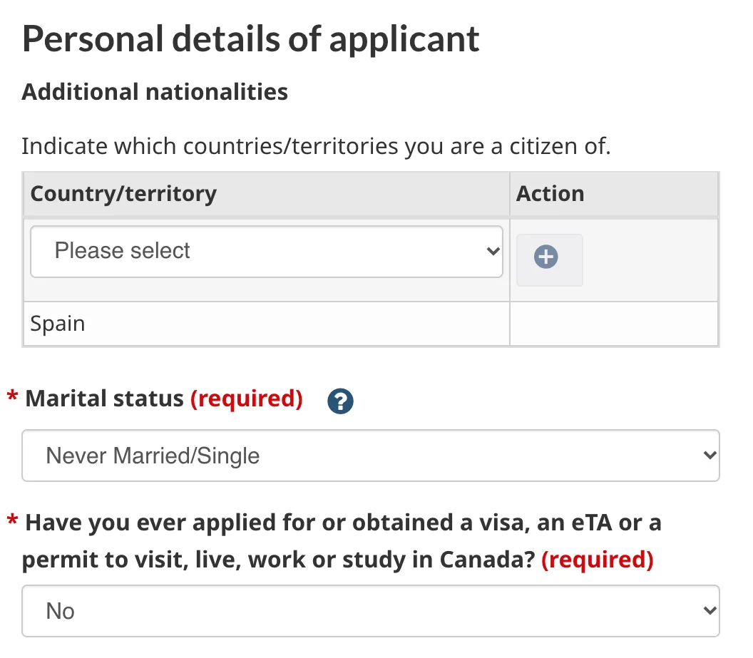 Otras nacionalidades, estado civil y pregunta sobre solicitudes anteriores a Canadá
