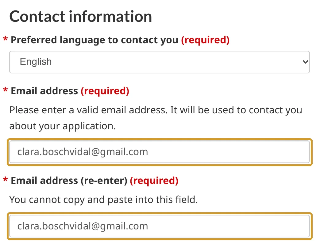 Idioma de contacto y correo electrónico escrito dos veces