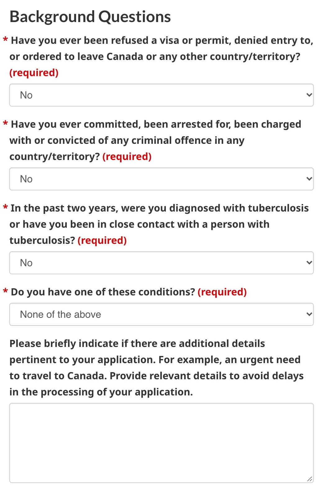 Preguntas de antecedentes y salud contestadas con No y None of the above