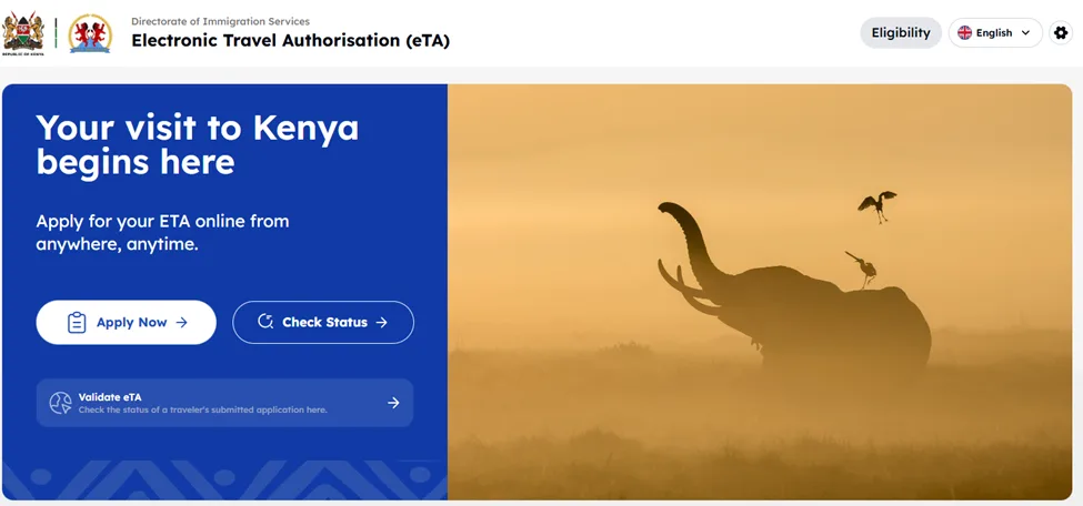 Portada del portal oficial de la eTA de Kenia con el botón Apply Now