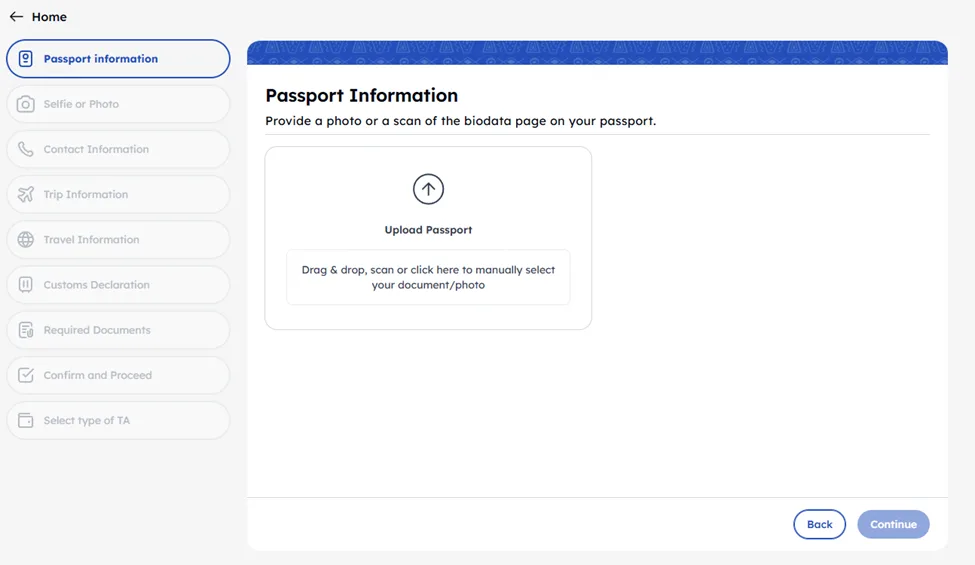 Pantalla para subir la página de datos del pasaporte