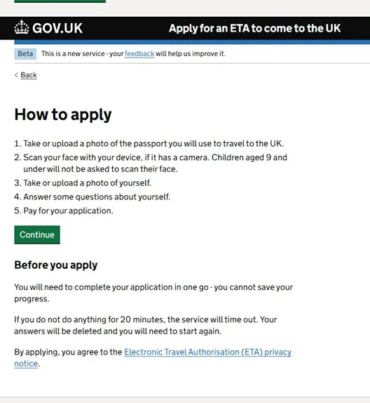 Página oficial de la ETA del Reino Unido (GOV.UK)