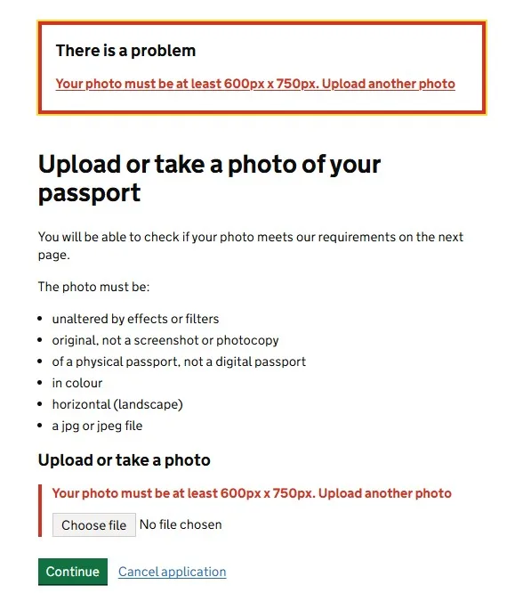 Error: la foto del pasaporte es demasiado pequeña