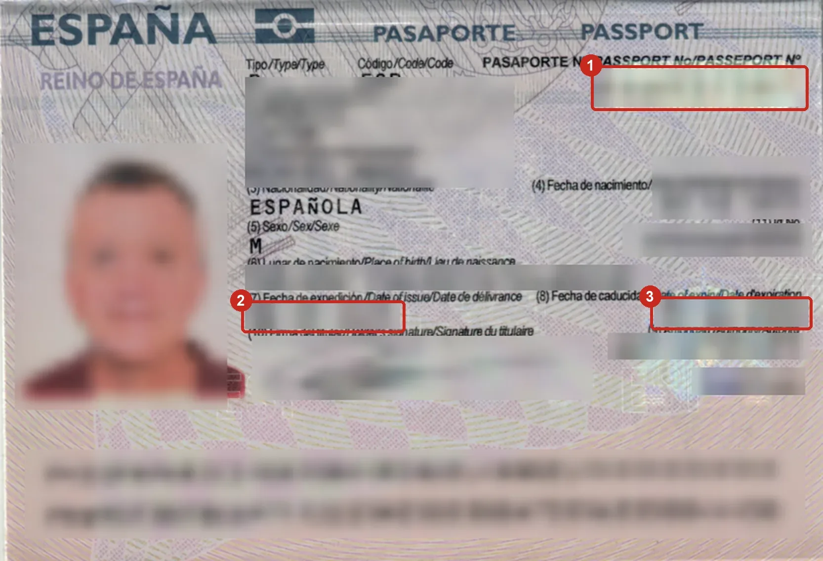 Página de datos de un pasaporte español con los datos personales difuminados y marcados el número de pasaporte, la fecha de expedición y la fecha de caducidad