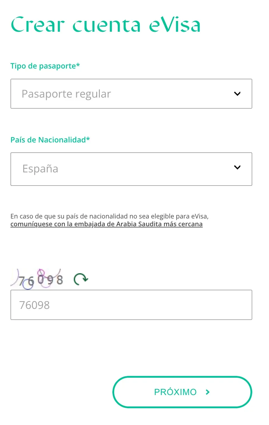 Crear cuenta eVisa con Pasaporte regular, España y el código de la imagen