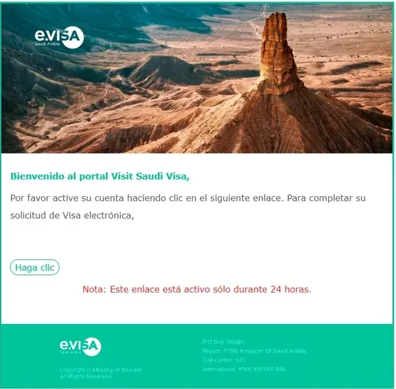 Correo de activación de la cuenta del eVisa: el enlace está activo solo durante 24 horas