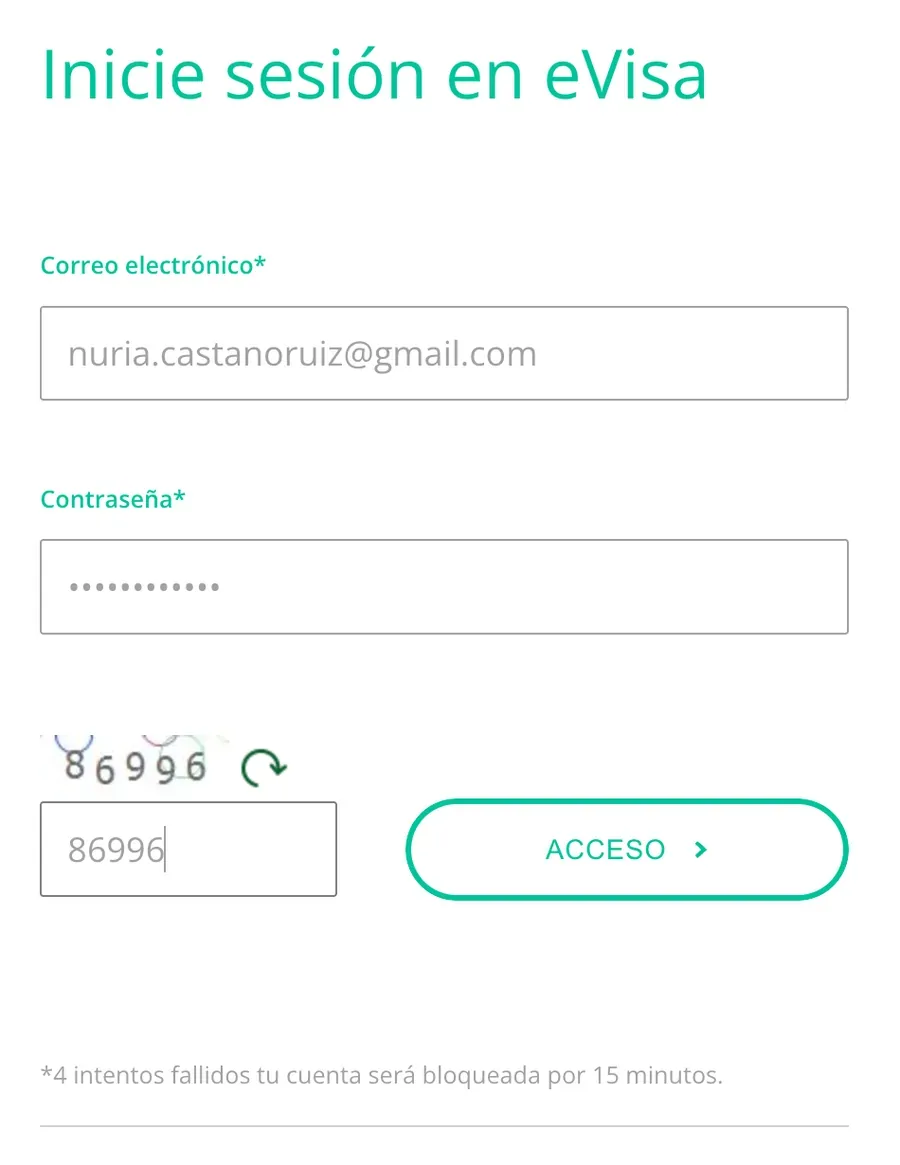 Inicio de sesión en eVisa con el correo, la contraseña y el código de la imagen