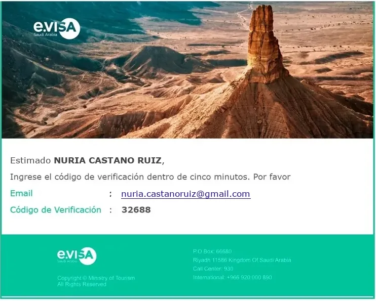 Correo con el código de verificación, que hay que usar en cinco minutos