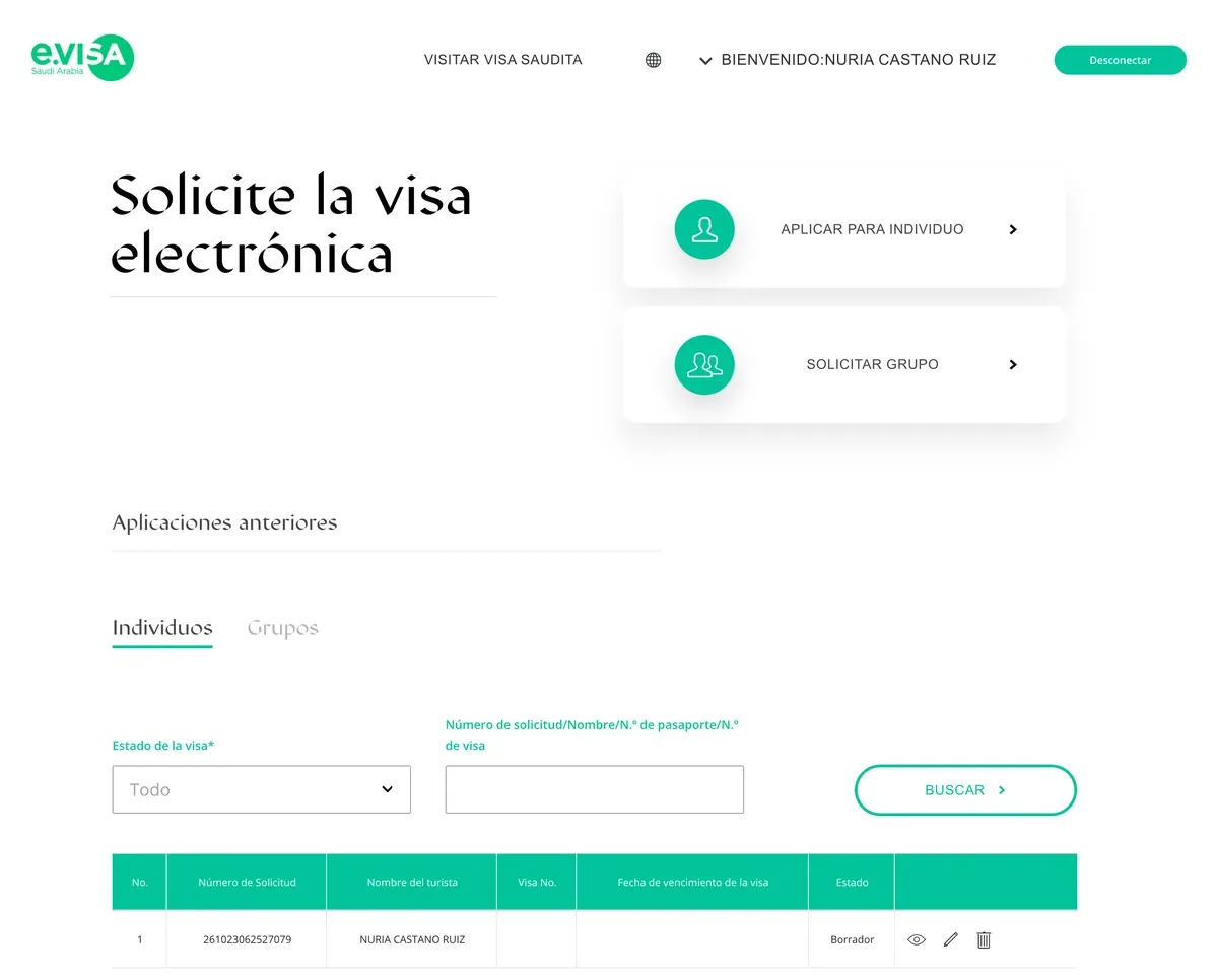 Panel del eVisa con Aplicar para individuo, Solicitar grupo y la lista de solicitudes anteriores