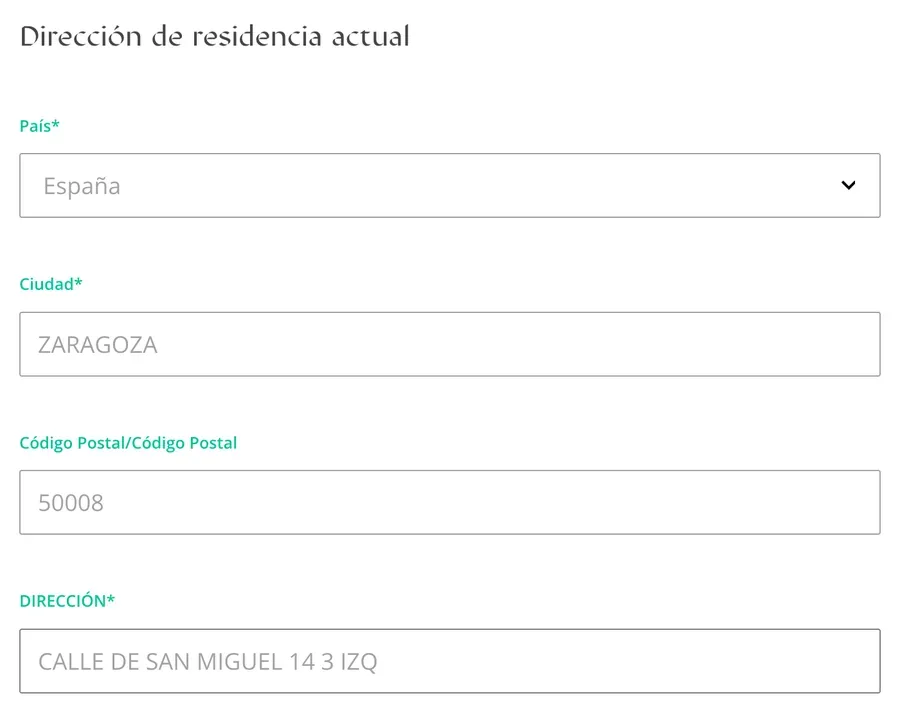 Dirección de residencia actual: país, ciudad, código postal y dirección