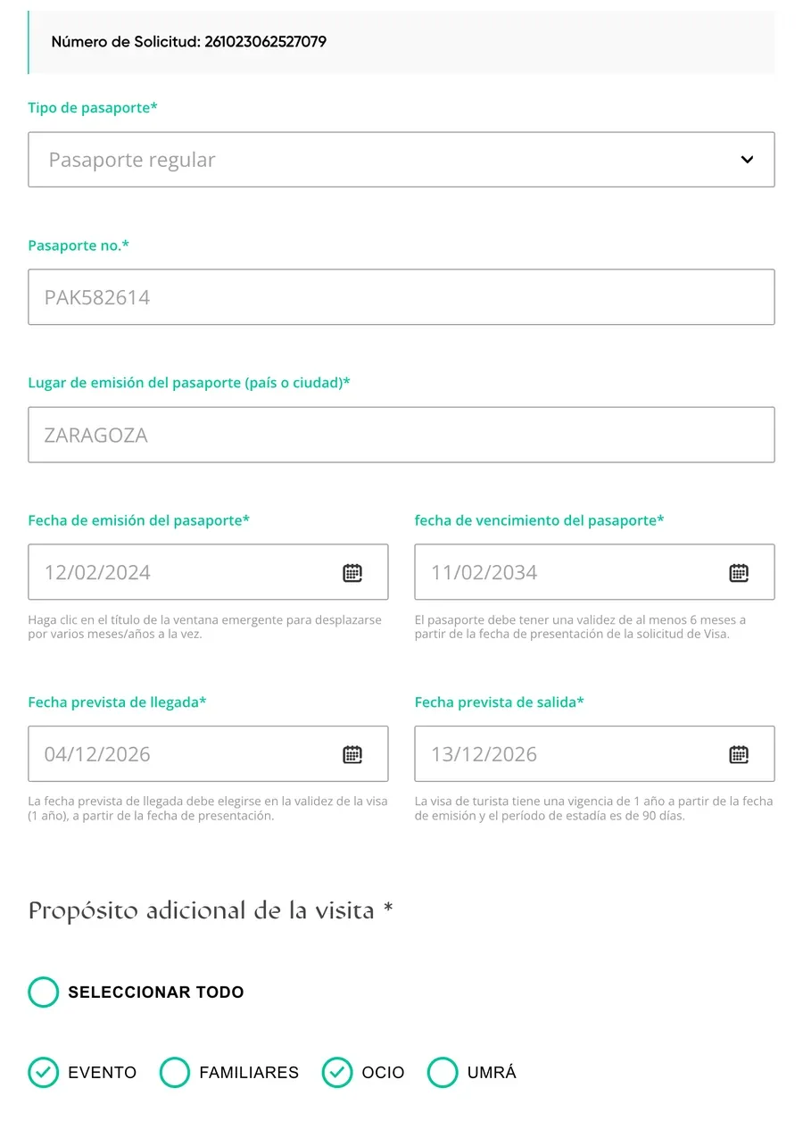 Datos del pasaporte, fechas del viaje y propósito de la visita con evento y ocio marcados