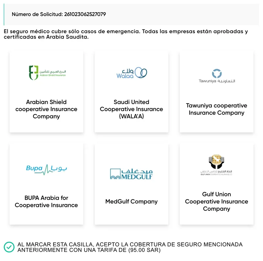 Aseguradoras saudíes y casilla para aceptar el seguro médico de 95 SAR