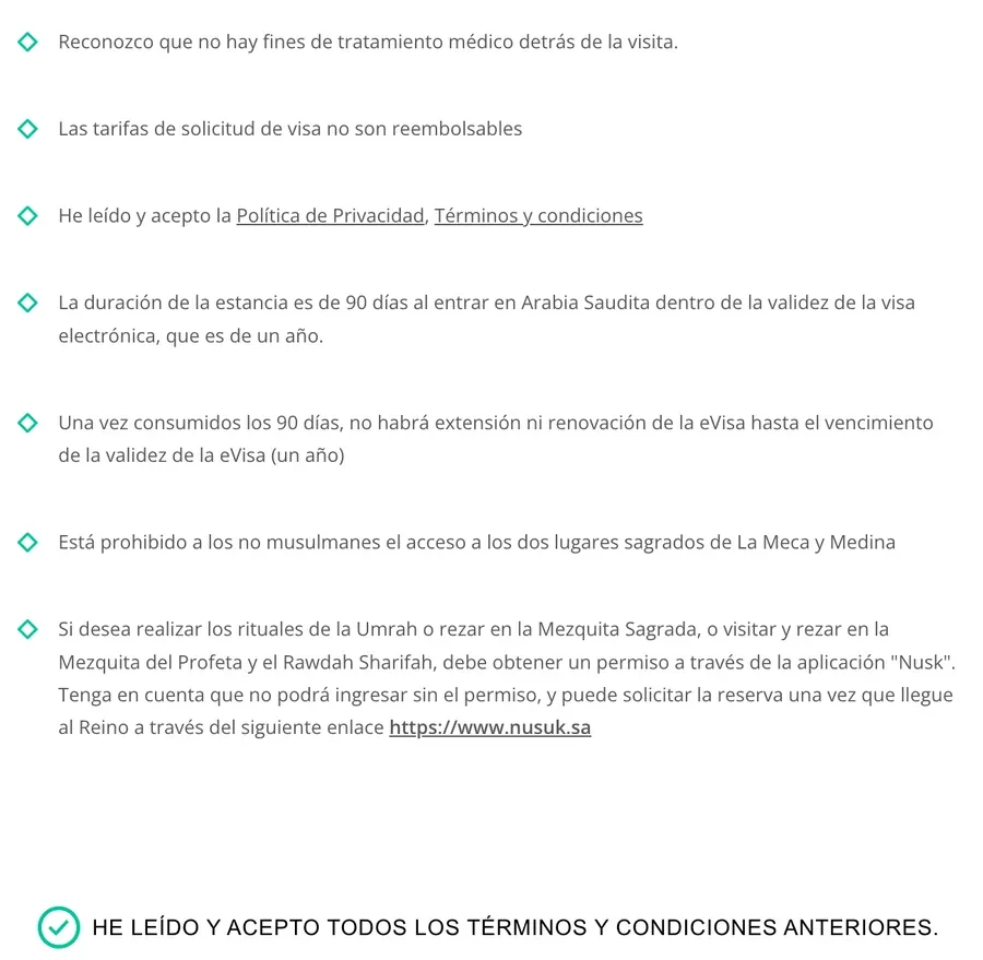 Últimos puntos de los términos y condiciones y casilla He leído y acepto