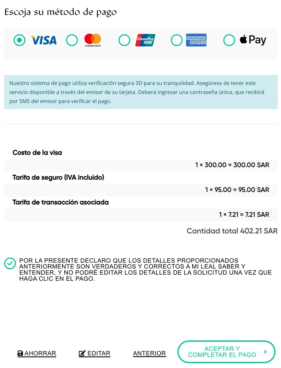 Pantalla de pago con el desglose de 300 SAR del visado, 95 SAR del seguro y 7,21 SAR de gastos, 402,21 SAR en total