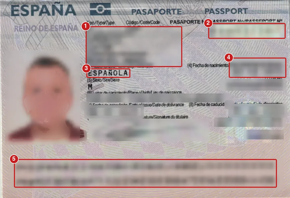 Página de datos de un pasaporte español con los datos personales difuminados y marcados los apellidos y el nombre, el número de pasaporte, la nacionalidad, la fecha de nacimiento y la zona de lectura mecánica