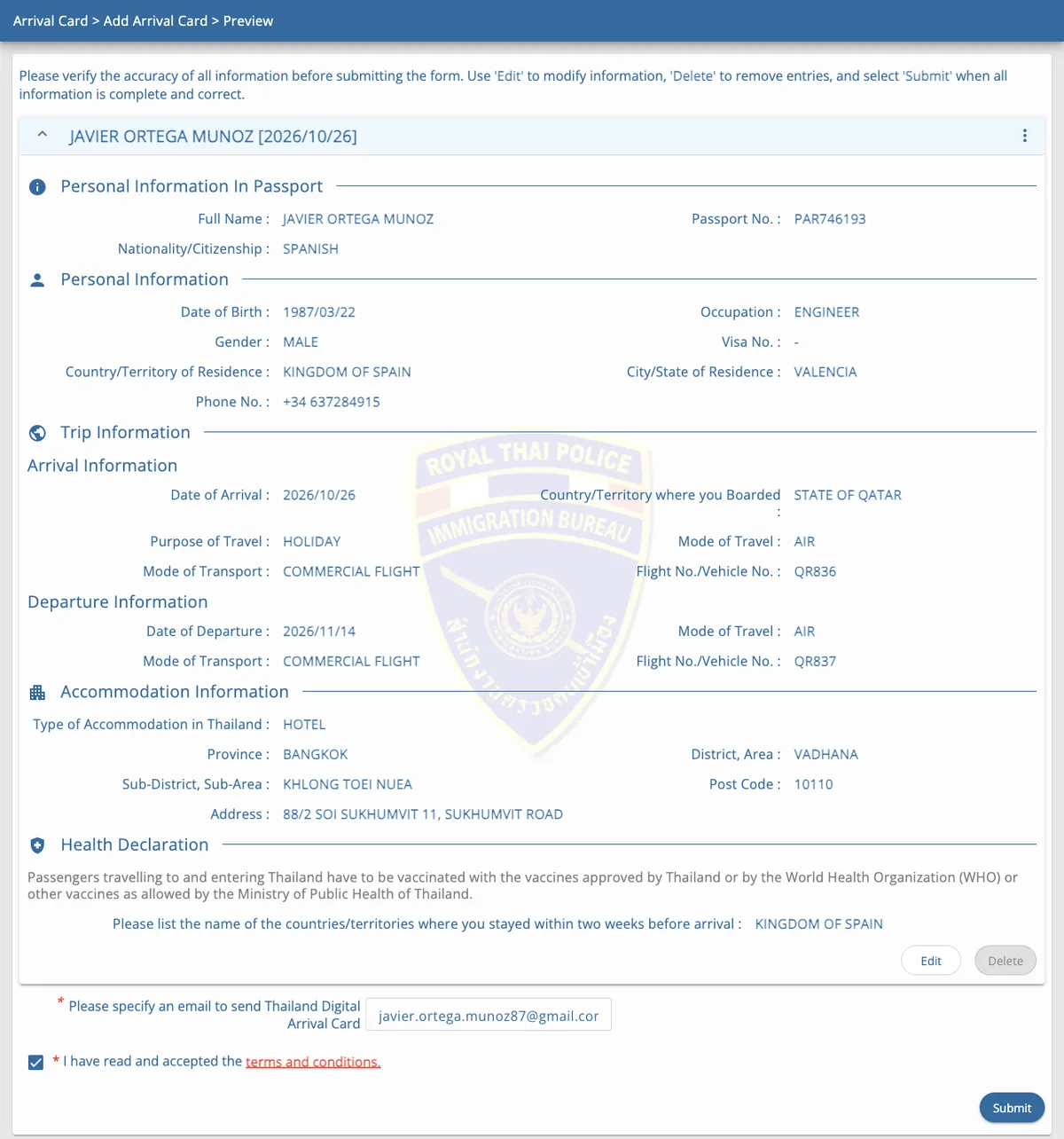 Vista previa de la TDAC con todos los datos de ejemplo, el correo para recibirla, la casilla de condiciones marcada y el botón Submit