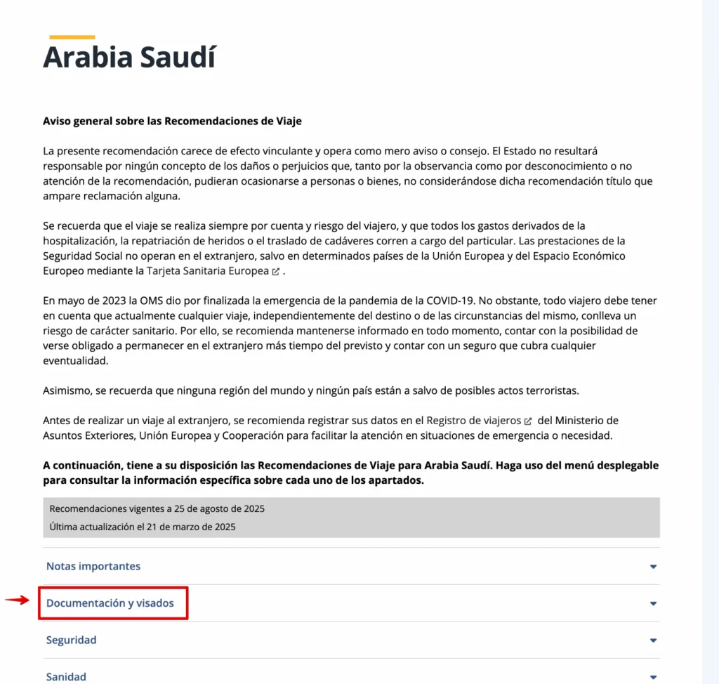 Recomendaciones de viaje del Ministerio de Asuntos Exteriores para Arabia Saudí, con el apartado Documentación y visados señalado