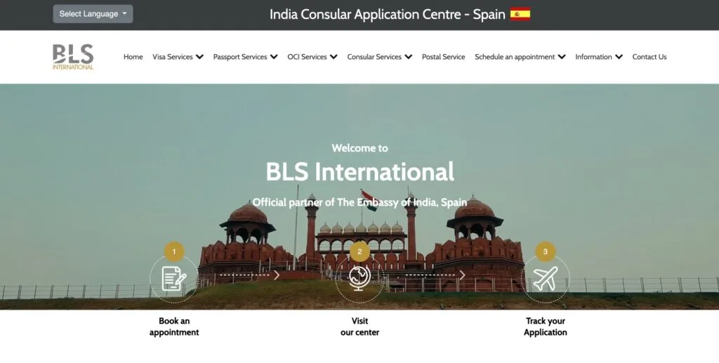 Web de BLS International, centro de solicitud de visados de la India en España