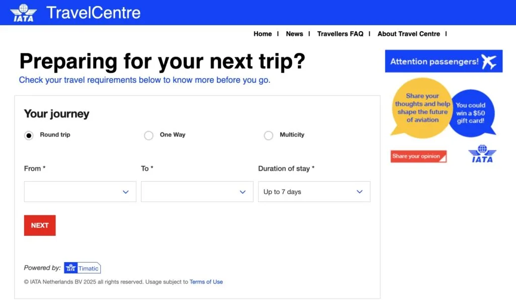 Formulario del IATA Travel Centre: tipo de viaje, origen, destino y duración de la estancia