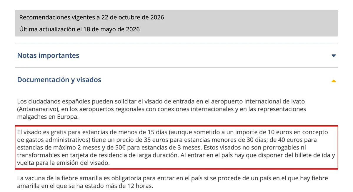 Ficha de Madagascar en Exteriores, actualizada el 18 de mayo de 2026: el visado es gratis para estancias de menos de 15 días con 10 euros de gastos administrativos